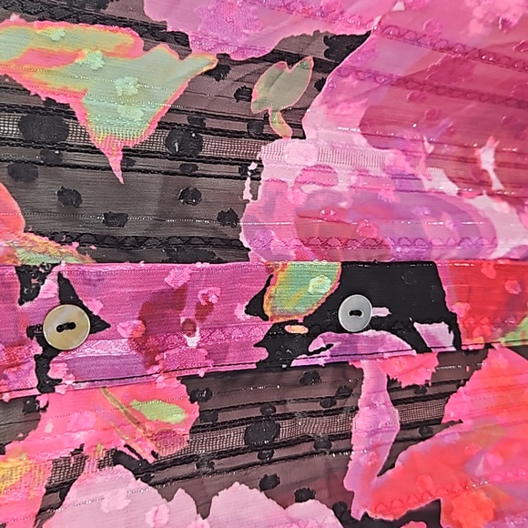 Pink Black Chiffon Susan Graver long sleeve button down tunic jacket - Picture 3 of 10